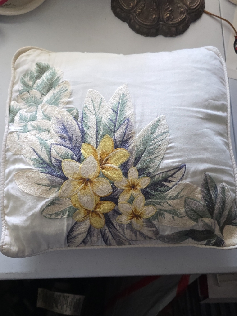 Tommy Bahama White Embroidered Plumeria Accent Pillow with Yellow Flowers